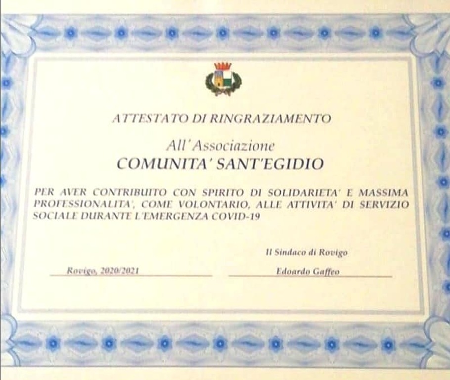 Premio della città di Rovigo alla Comunità di Sant'Egidio per l'impegno volontario a favore di anziani e fragili durante la pandemia
