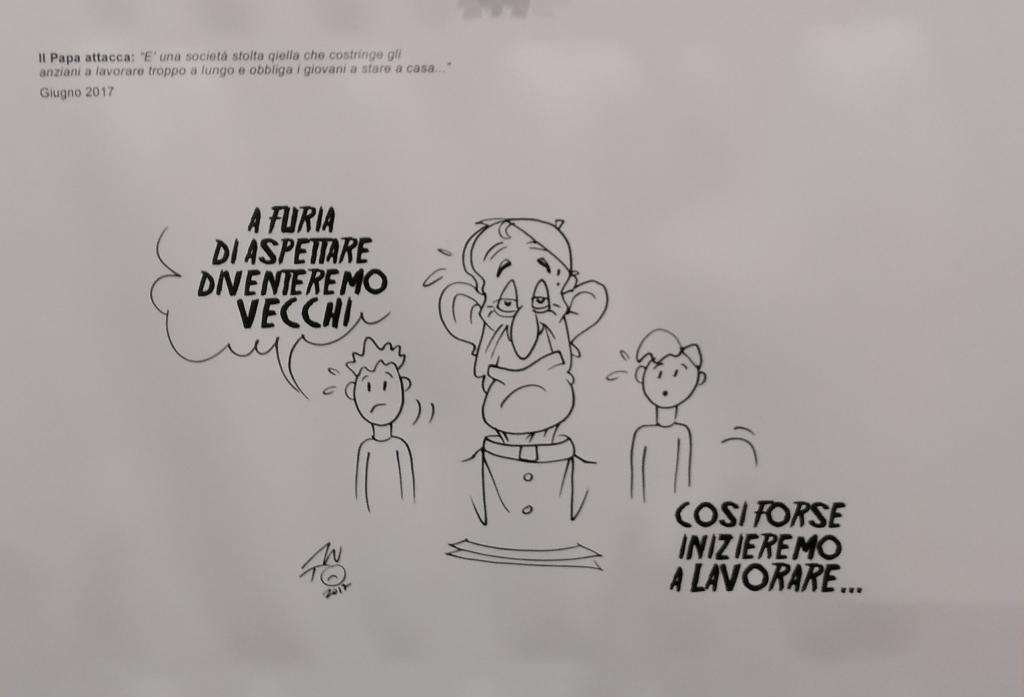 Prorogata al 29 Dicembre a Roma al San Gallicano la mostra “Il nostro Francesco” con le vignette sul Papa di Anto Sullo