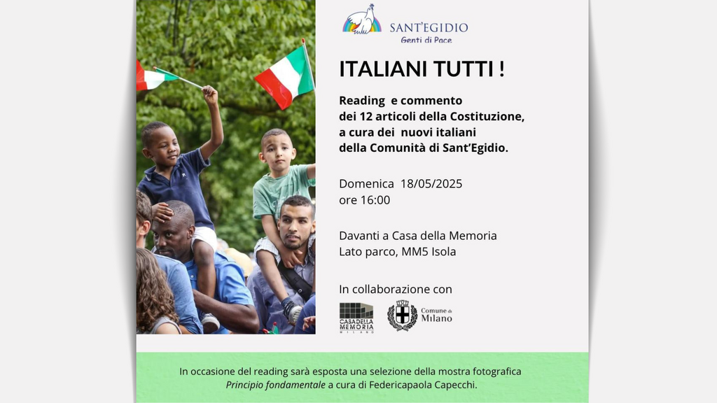 Italiani tutti! La Costituzione letta dai nuovi italiani. Milano, 18 maggio ore 16:00 - Casa della Memoria