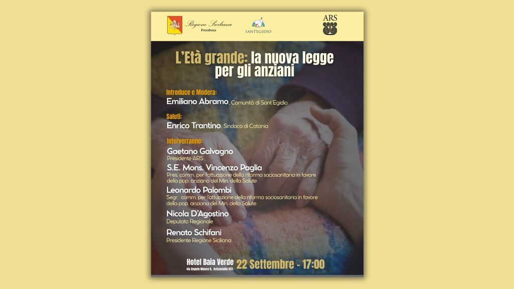 L’Età grande: a Catania il 22 settembre un confronto sulla nuova legge per gli anziani. Hotel Baia Verdevia Angelo Musco 8, Acicastello, ore 17